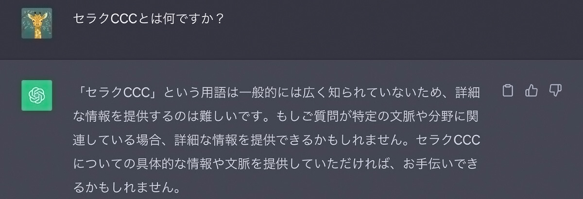 個人用（GPT-3.5）の質問と回答の一例のスクリーンショット