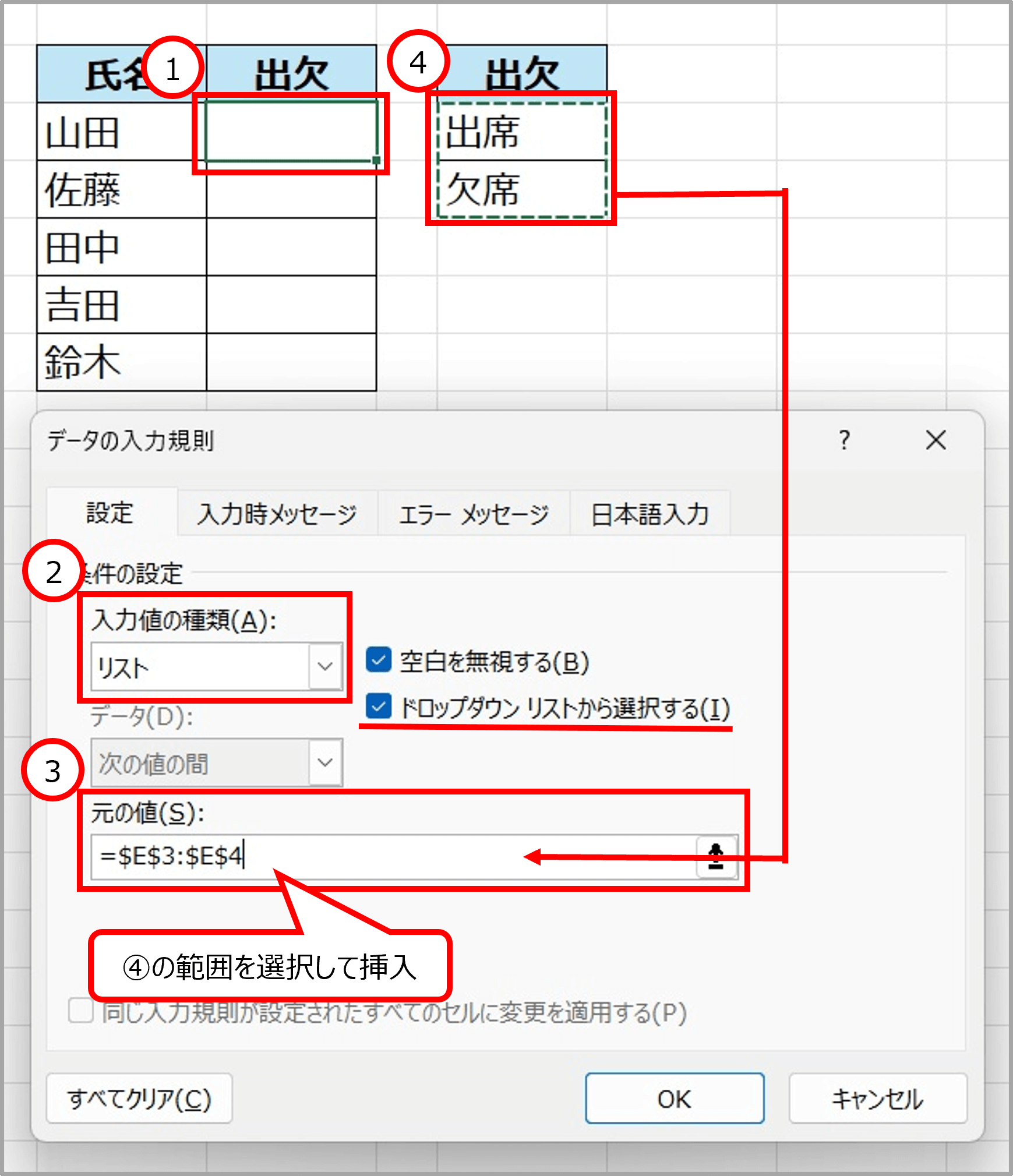 「データの入力規則」ダイアログボックスへのデータの入力順序を示したスクリーンショット