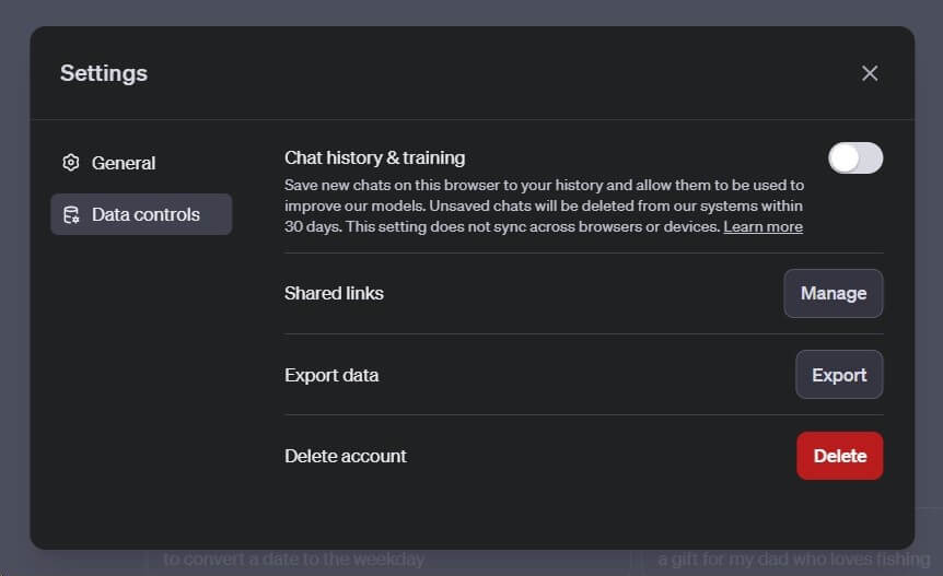 「Data Controls」をクリックして「Chat history & training」をオフにする場面のスクリーンショット
