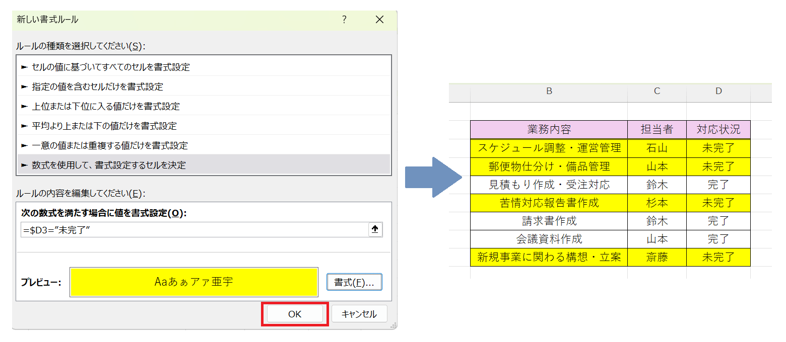 新しい書式ルールのダイアログボックスに戻るので、OKボタンをクリックすると、未完了を条件とした行全体に自動色分けが完了