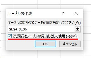 3.「テーブルの作成」ダイアログが開いたら、プルダウンリストに表示したいリストを見出しから選択する（「先頭行をテーブルの見出しとして使用する」にチェックを入れる）