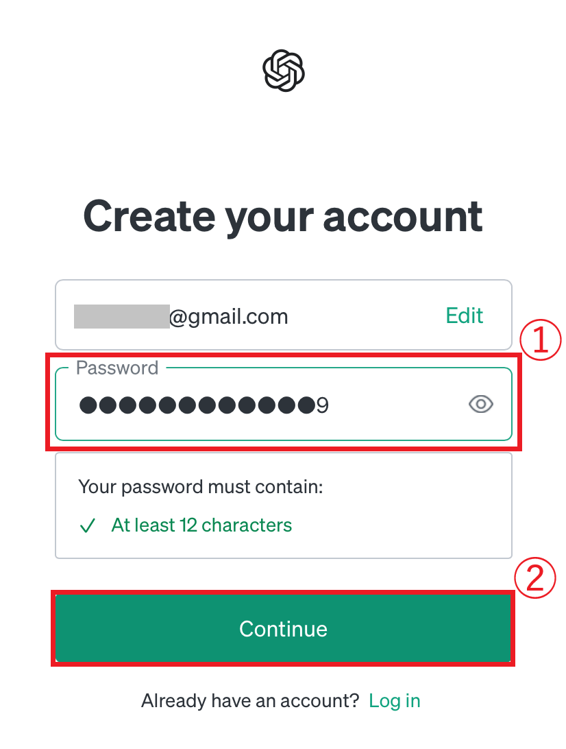 ChatGPTのアプリ-アカウントの作成方法：12文字以上のパスワードを設定