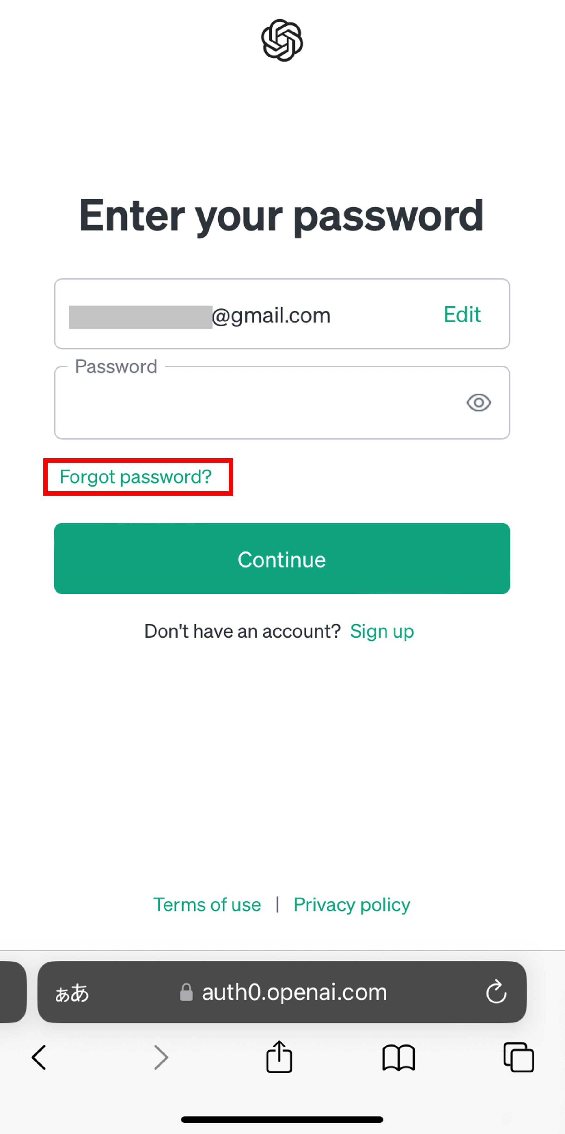 パスワード入力画面でForgot password?の文字をタップする場面のスクリーンショット
