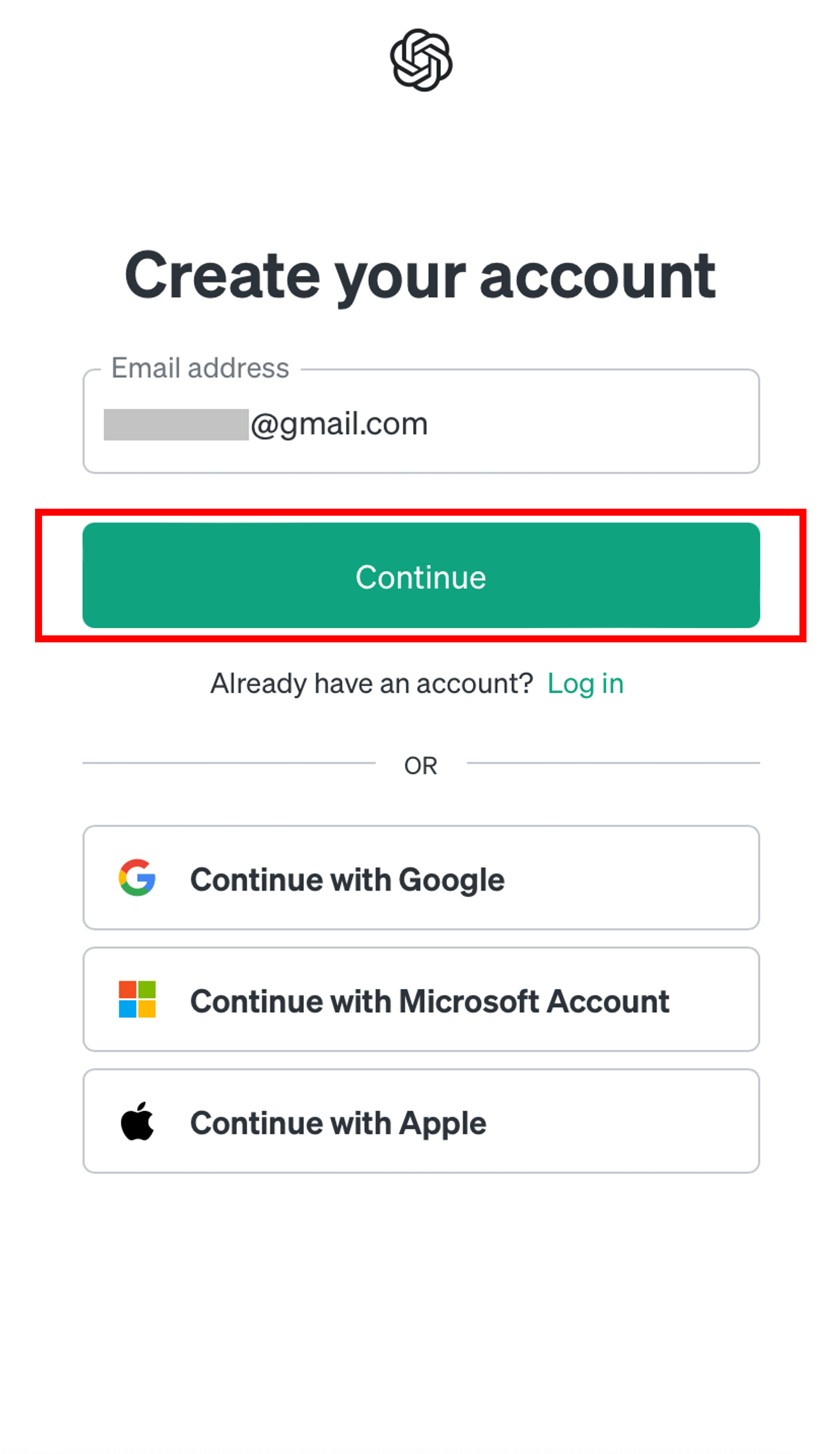 メールアドレス入力後に「Continue」ボタンをタップする場面のスクリーンショット