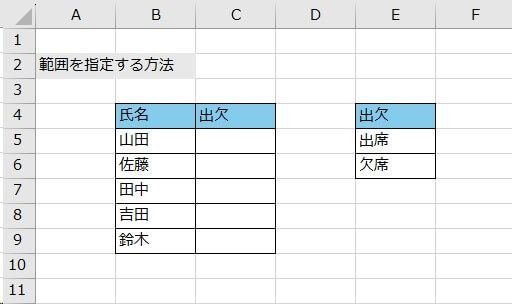 1.プルダウンリストに表示したいリストと、反映したい表を作成する