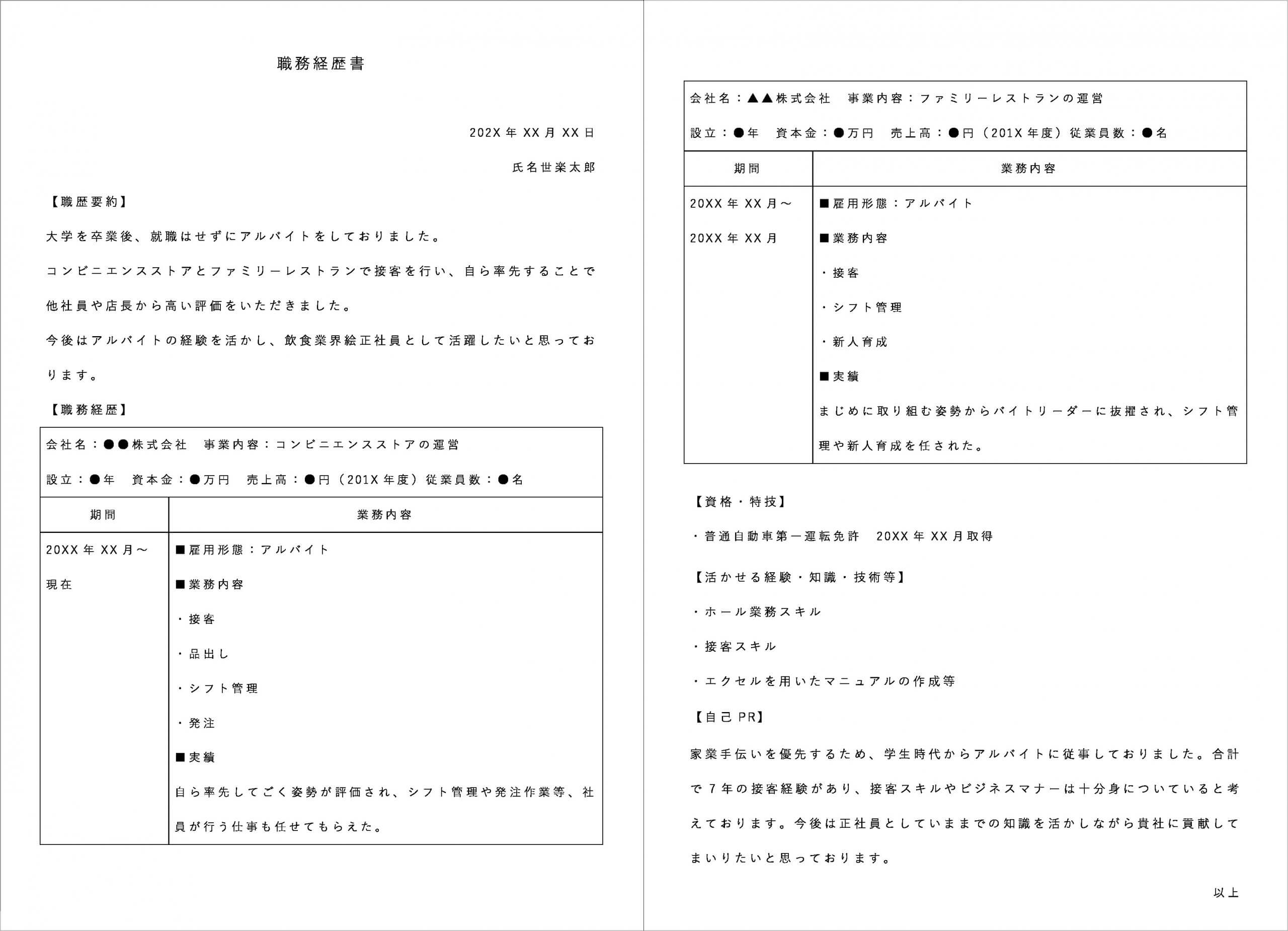 職歴に正社員とアルバイトが混在する場合の職務経歴書の一例の図