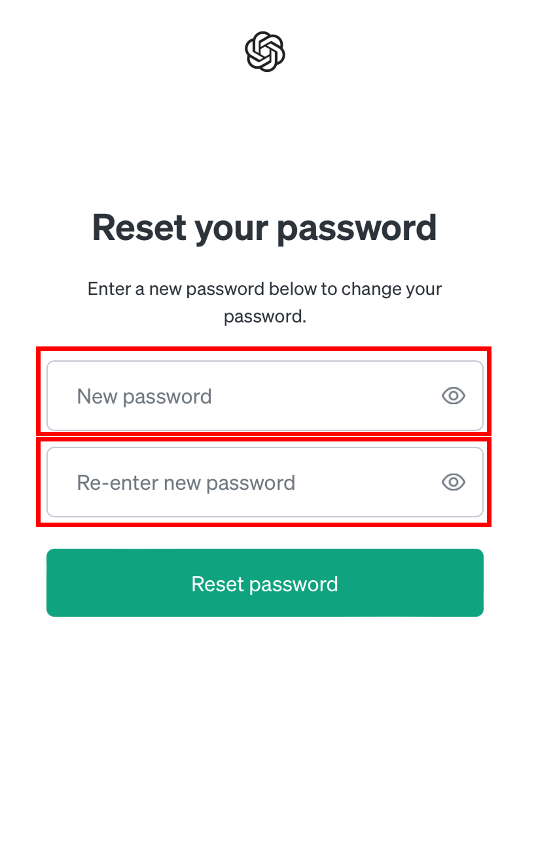 新しいパスワードを決めて入力、下段にももう一度同じパスワードを入力する場面のスクリーンショット