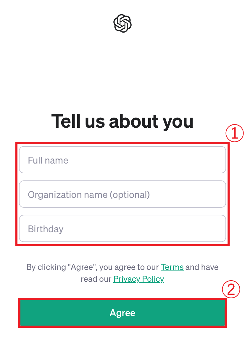 ChatGPTのアプリ-アカウントの作成方法：個人情報の入力画面に氏名と誕生日を入力