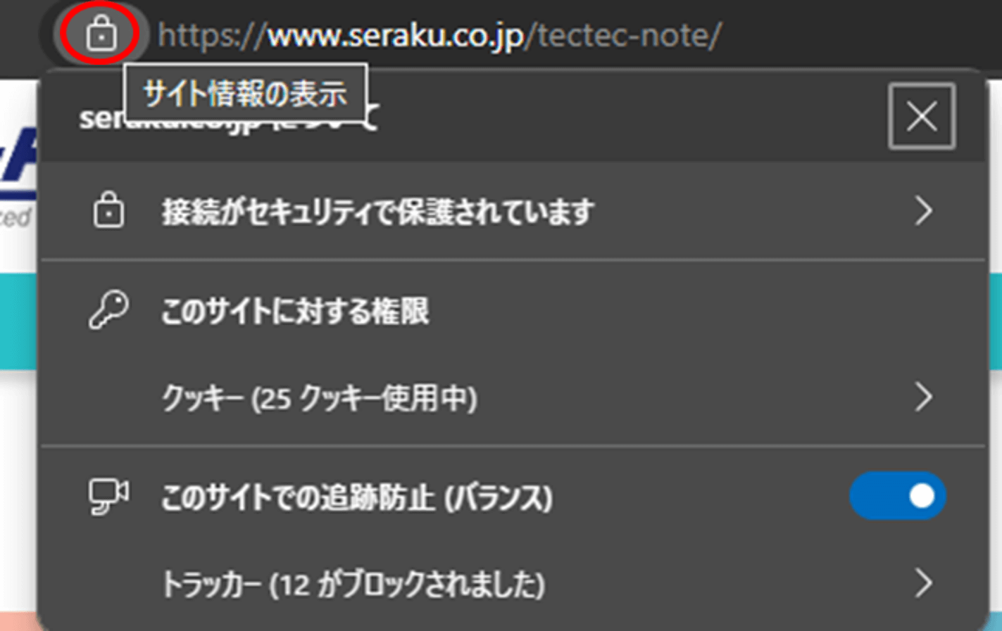 サイト情報の表示をクリックしたときのスクリーンショット