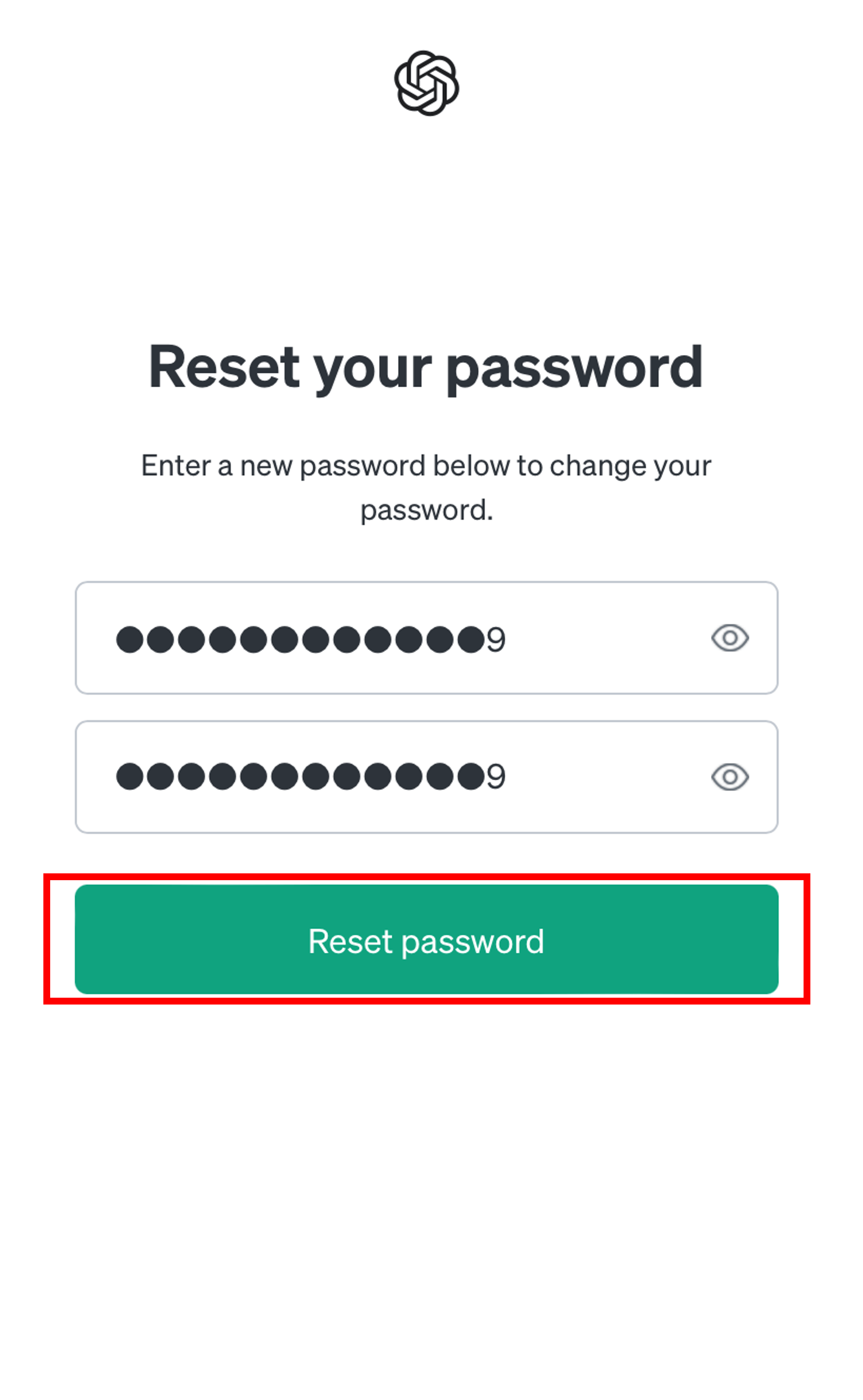 パスワードを2回入力してReset passwordのボタンをタップする場面のスクリーンショット