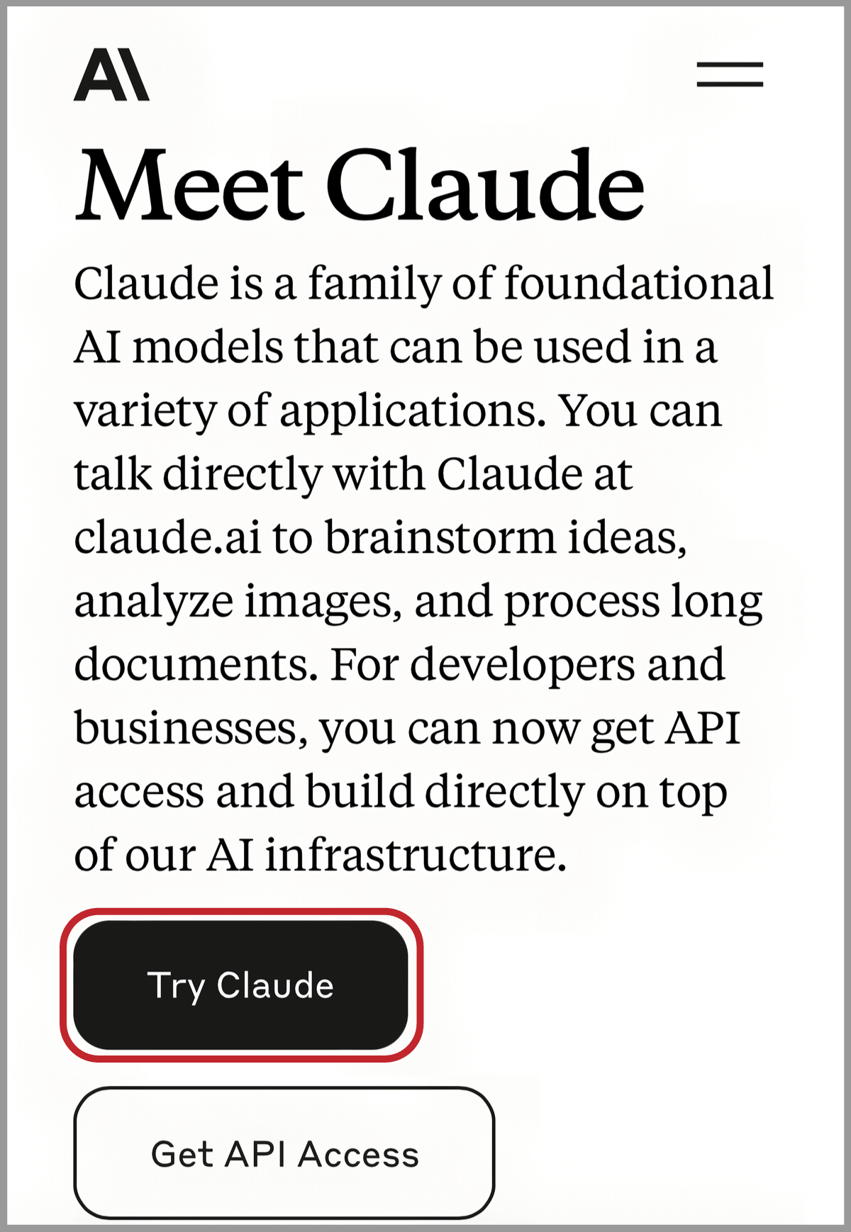 「Try Claude」の位置を示すスクリーンショット