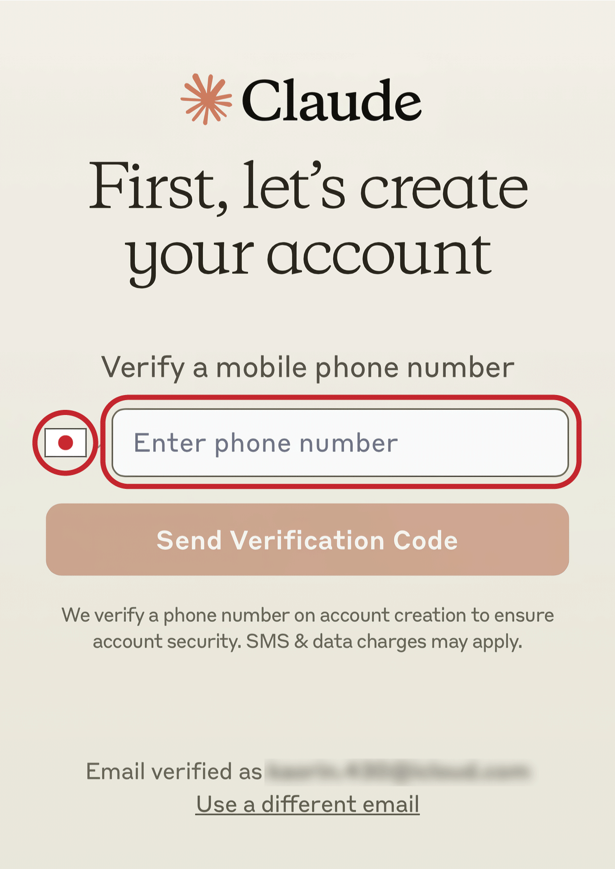 電話番号を入力して「Send Verification Code」をタップする場面のスクリーンショット