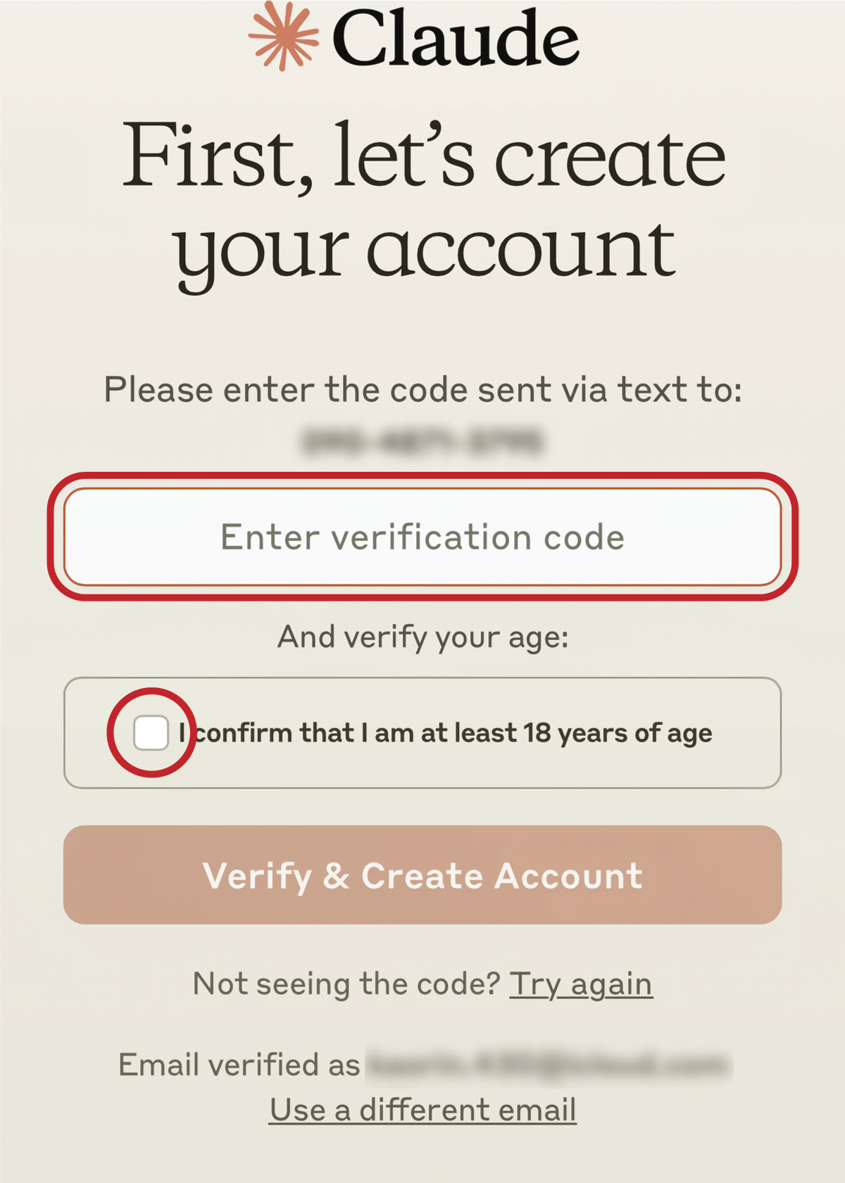 認証コードと18歳以上であることを確認して「Verify & Create Account」をタップする場面のスクリーンショット