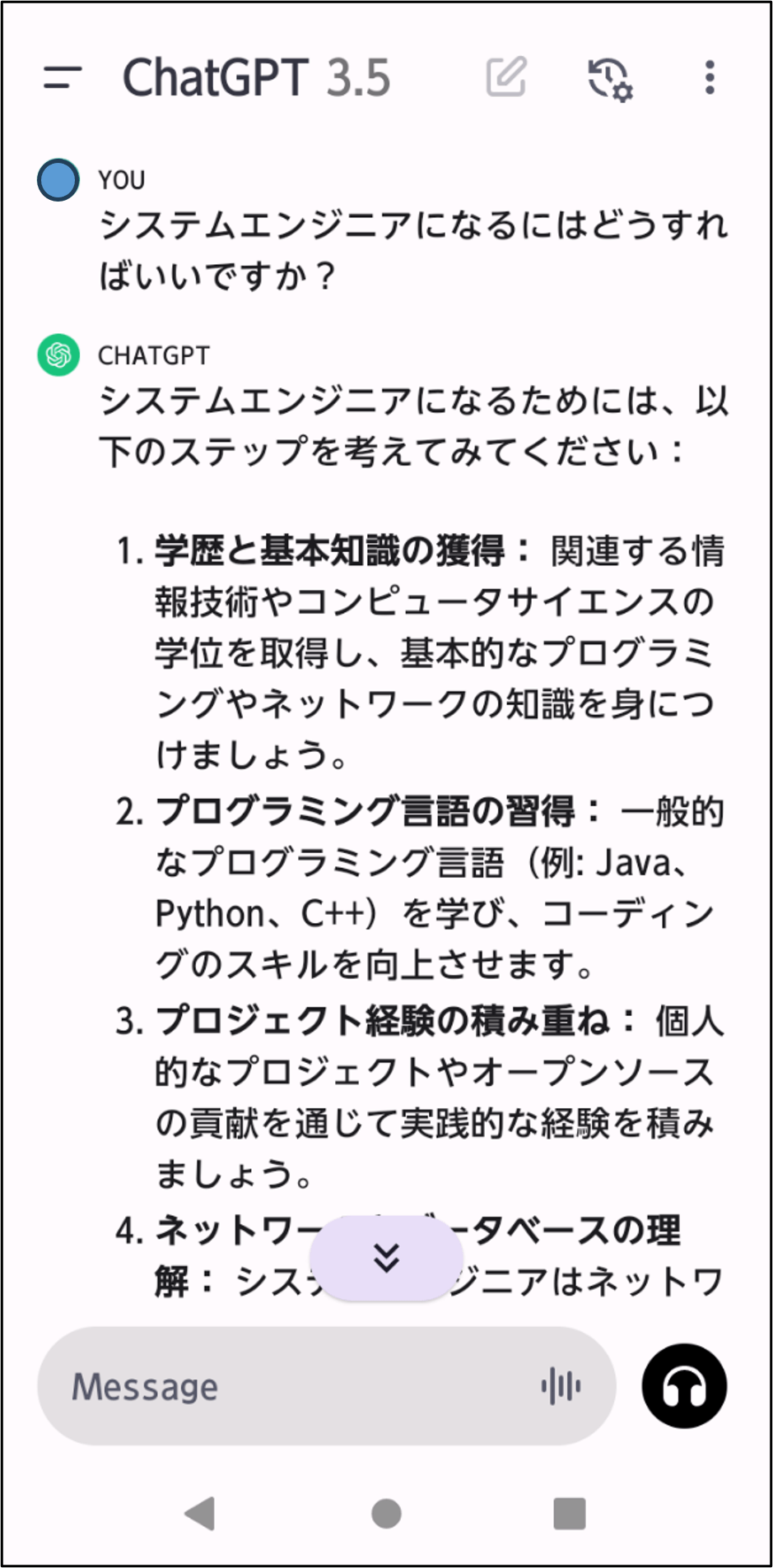 ChatGPTアプリとのやり取りの一例のスクリーンショット