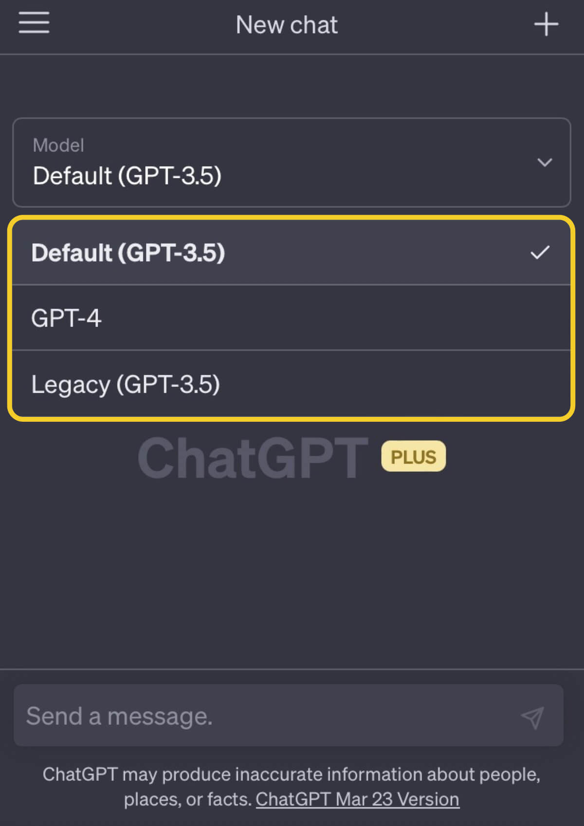 ChatGPT Plusのバージョン切り替え場面のスクリーンショット