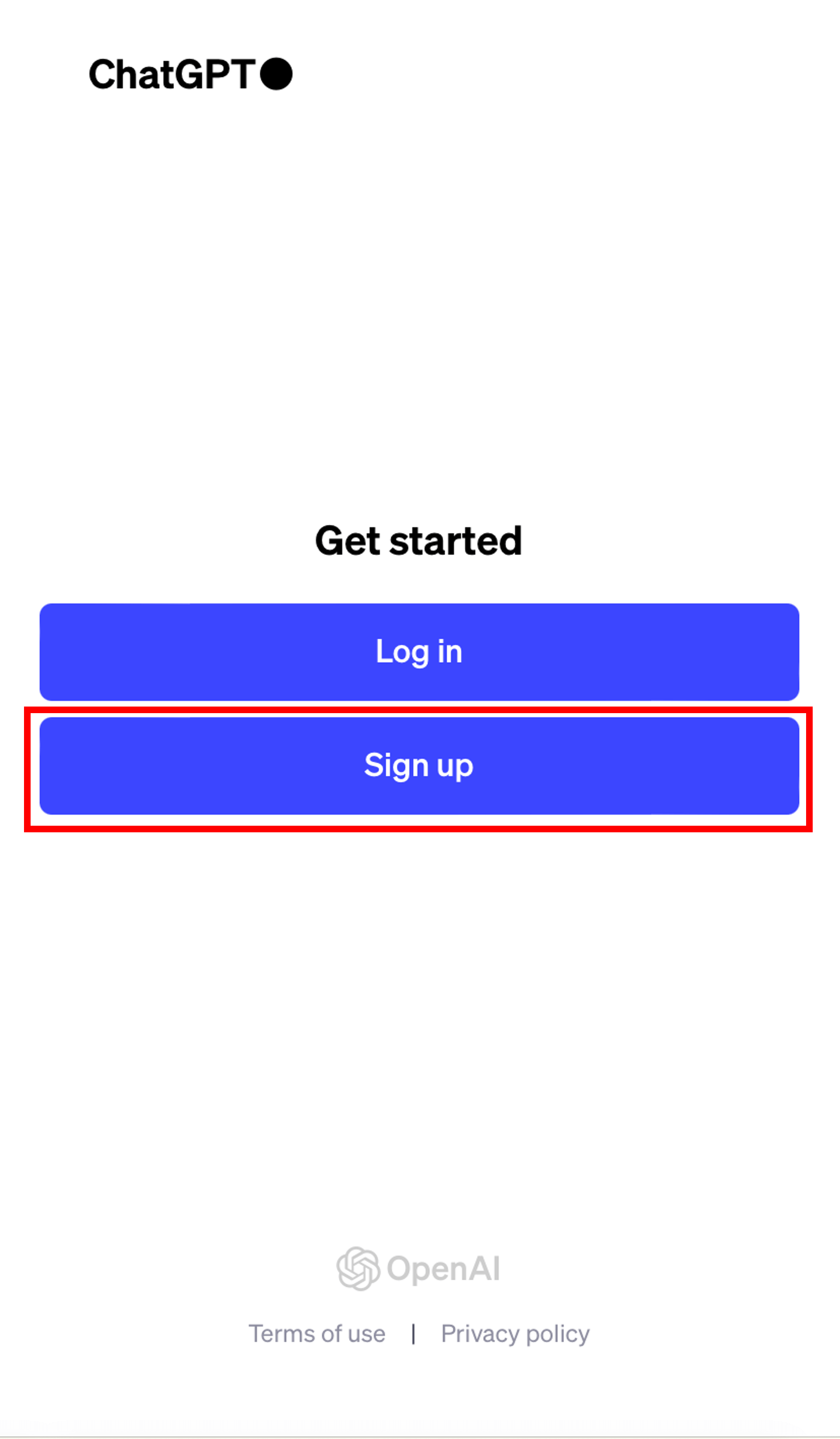 ChatGPTトップ画面で「Sign up」を選択するスクリーンショット