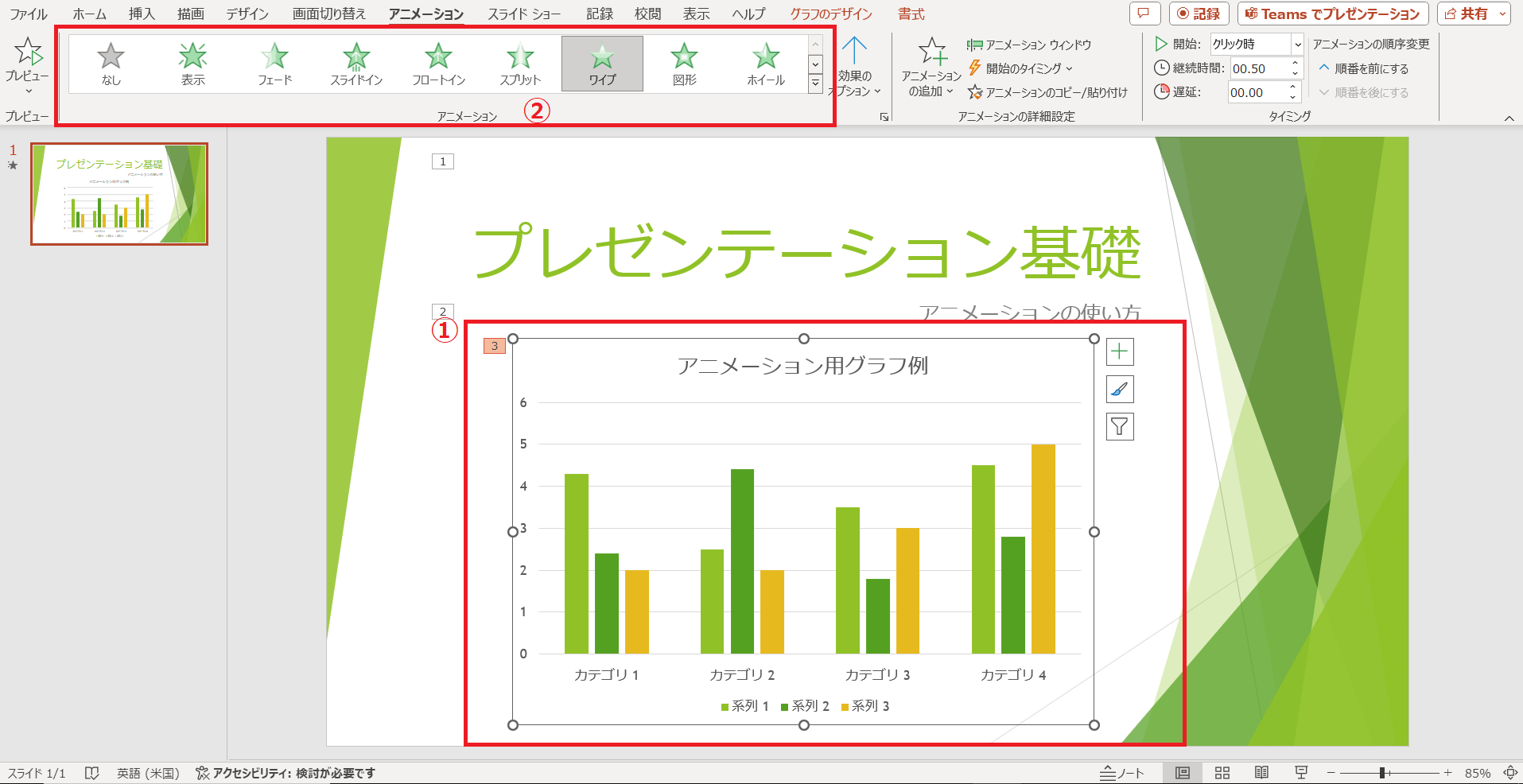 グラフにアニメーションを設定する方法の説明図