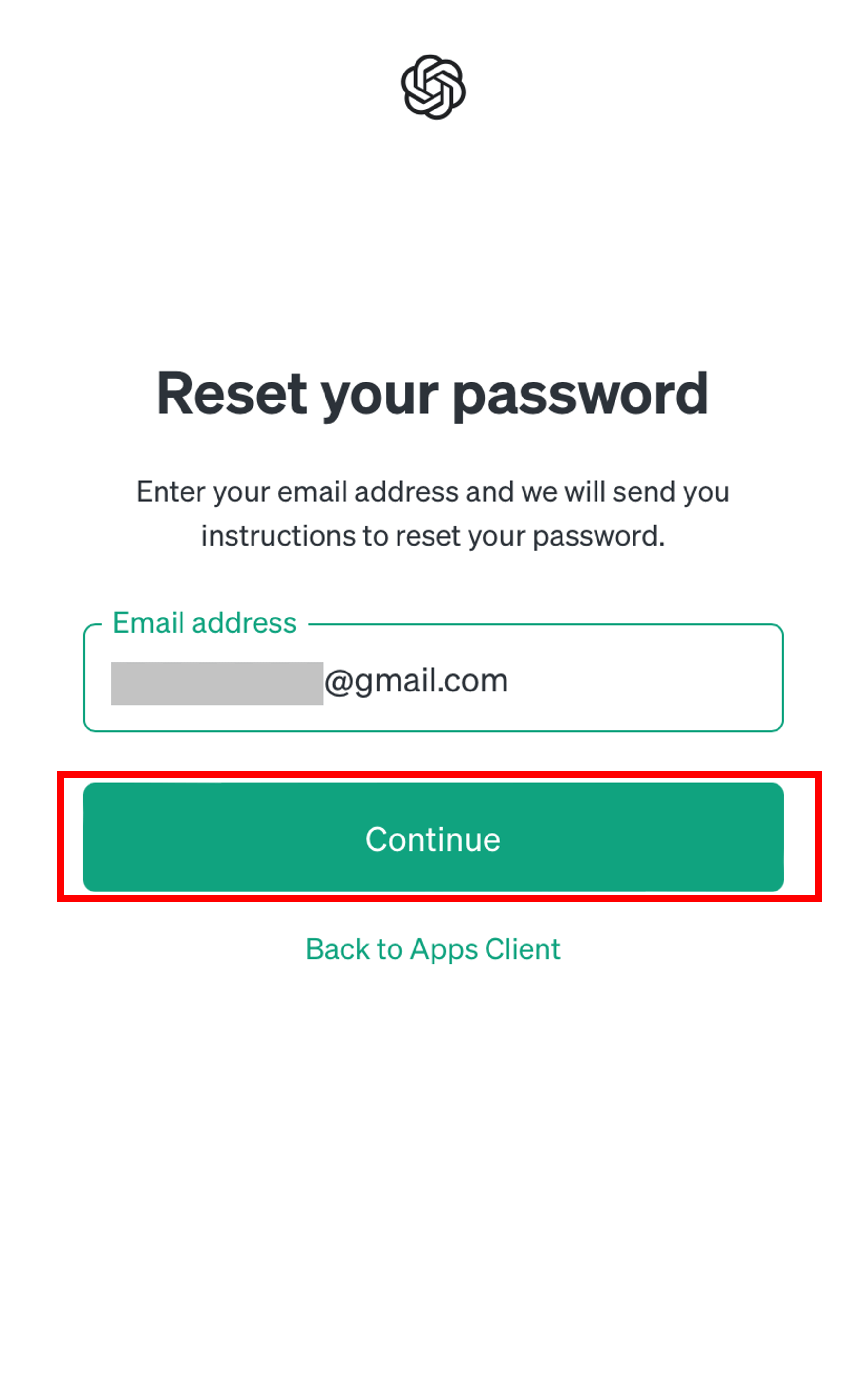 Reset your passwordの画面でContinueボタンをタップする場面のスクリーンショット