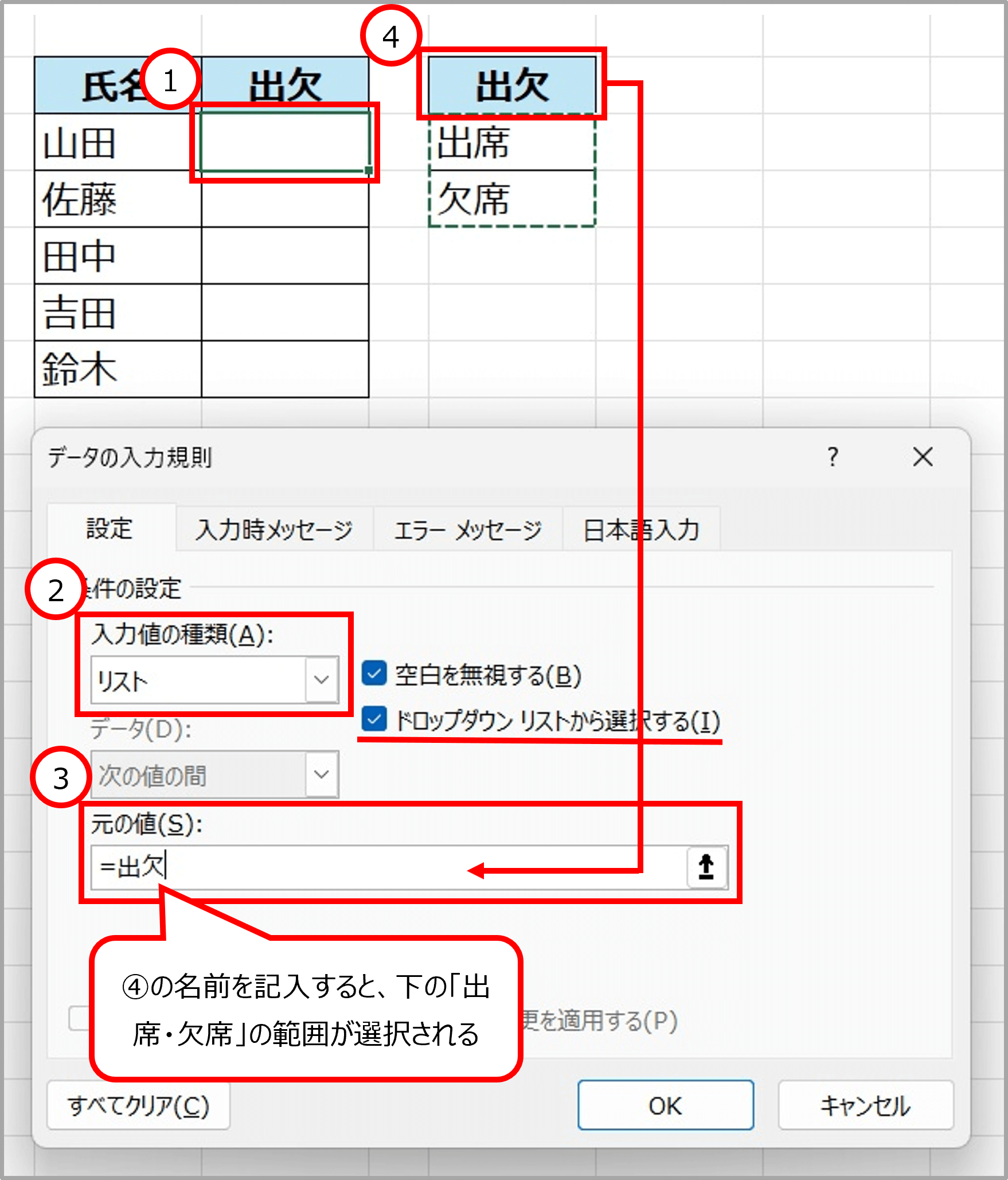 「データの入力規則」ダイアログボックスへのデータの入力手順を示したスクリーンショット