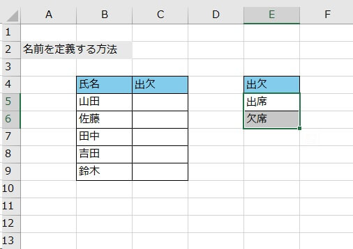 1.プルダウンリストに表示したいリストと、反映したい表を作成する。表示したいリストの項目を選択する（今回ここでは「出席」「欠席」を選択）