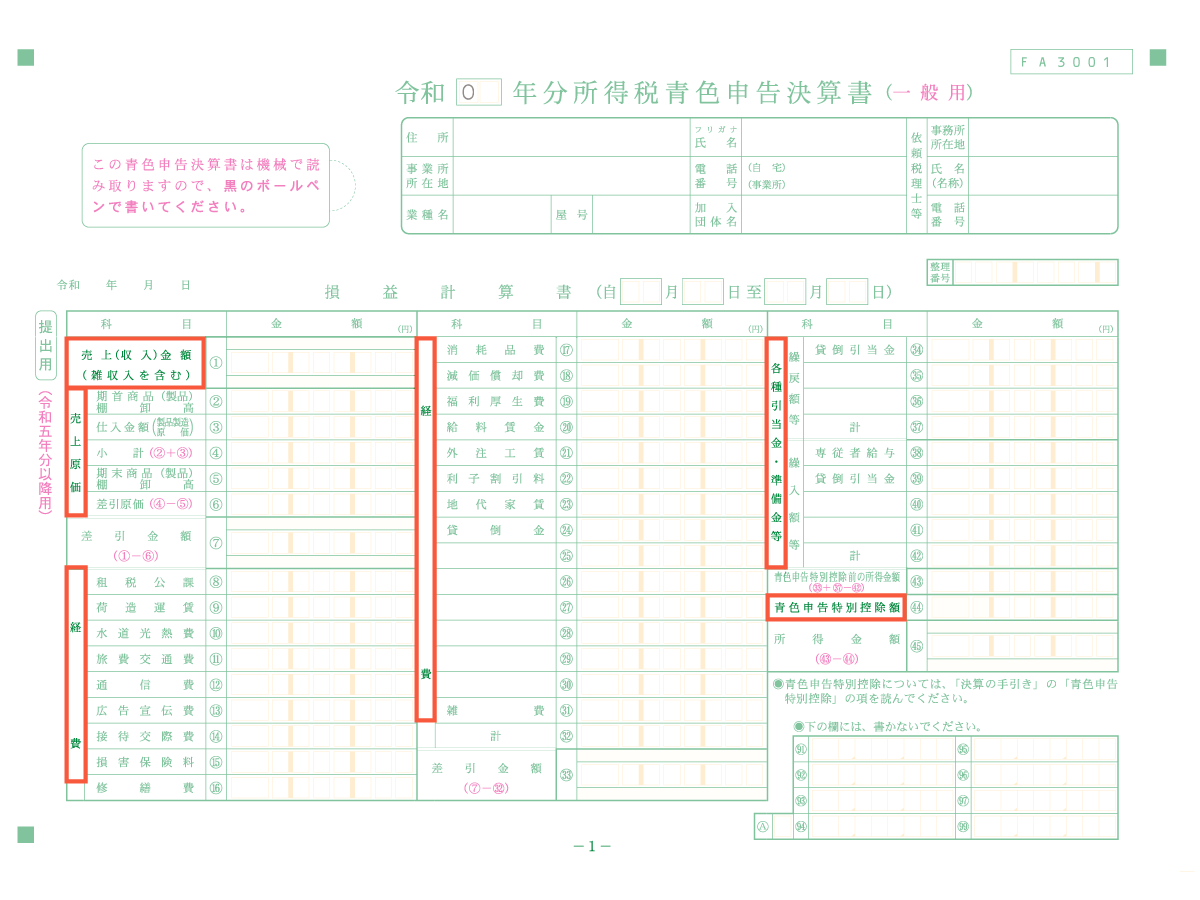 損益計算書（1枚目）のサンプル