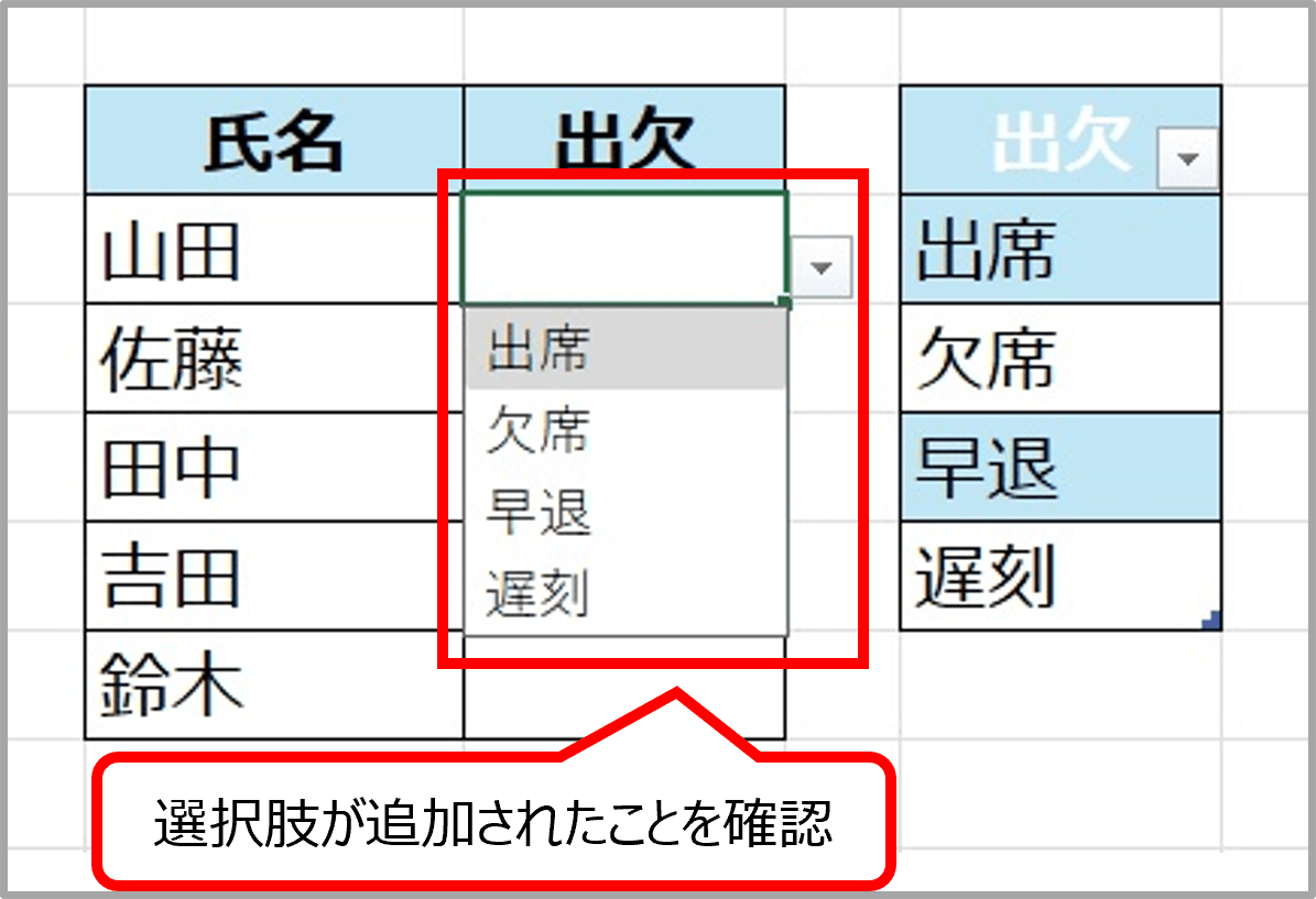 追加した選択肢が正常に表示されていることを示したスクリーンショット